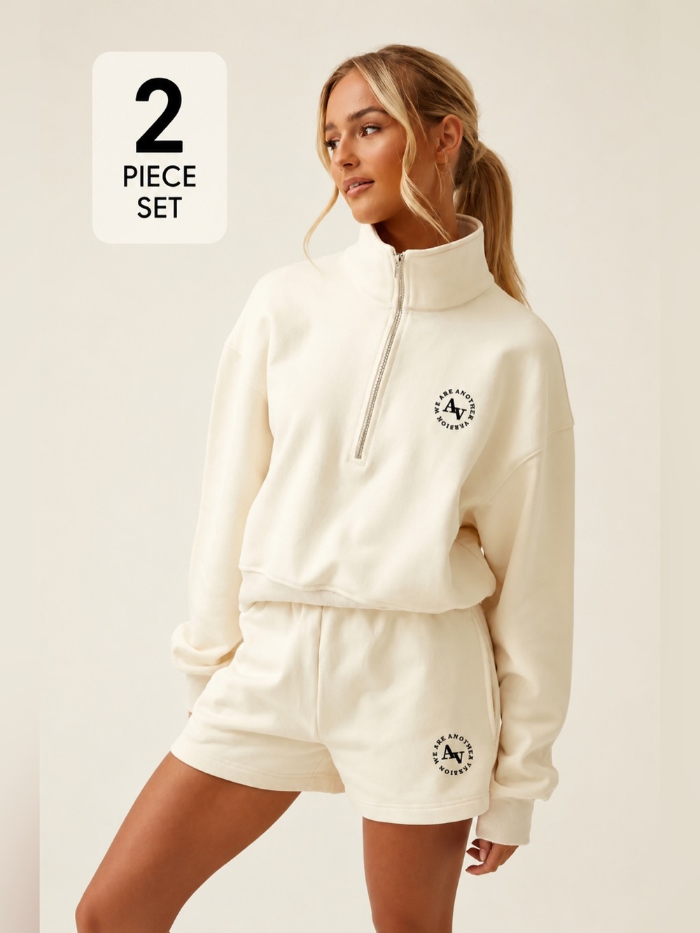 AV Premium Cotton 2 Piece Set Cream: Zip Sweatshirt and Shorts Another Version